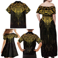 New Zealand Aotearoa Family Matching Off Shoulder Maxi Dress and Hawaiian Shirt Maori Manta Ray Moko Gold - Polynesian Pride