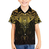 New Zealand Aotearoa Family Matching Puletasi and Hawaiian Shirt Maori Manta Ray Moko Gold - Polynesian Pride