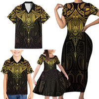 New Zealand Aotearoa Family Matching Short Sleeve Bodycon Dress and Hawaiian Shirt Maori Manta Ray Moko Gold LT05 - Polynesian Pride