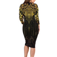 New Zealand Aotearoa Long Sleeve Bodycon Dress Maori Manta Ray Moko Gold - Polynesian Pride
