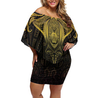 New Zealand Aotearoa Off Shoulder Short Dress Maori Manta Ray Moko Gold - Polynesian Pride