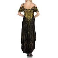 New Zealand Aotearoa Summer Maxi Dress Maori Manta Ray Moko Gold - Polynesian Pride