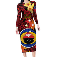 Papua New Guinea Gulf Province Family Matching Long Sleeve Bodycon Dress and Hawaiian Shirt Mix Coat Of Arms Polynesian Pattern LT05 Mom's Dress Red - Polynesian Pride