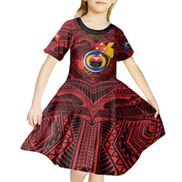 Papua New Guinea Gulf Province Kid Short Sleeve Dress Mix Coat Of Arms Polynesian Pattern LT05 - Polynesian Pride