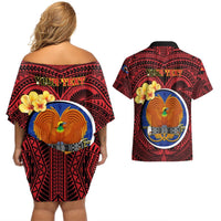 Personalized Papua New Guinea Gulf Province Couples Matching Off Shoulder Short Dress and Hawaiian Shirt Mix Coat Of Arms Polynesian Pattern LT05 - Polynesian Pride