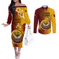 Papua New Guinea Western Province Couples Matching Off The Shoulder Long Sleeve Dress and Long Sleeve Button Shirts Mix Coat Of Arms Polynesian Pattern LT05 Red - Polynesian Pride