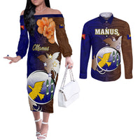 Papua New Guinea Manus Province Couples Matching Off The Shoulder Long Sleeve Dress and Long Sleeve Button Shirts Mix Coat Of Arms Polynesian Pattern LT05 Brown - Polynesian Pride