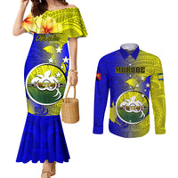 Personalized Papua New Guinea Morobe Province Couples Matching Mermaid Dress and Long Sleeve Button Shirts Mix Coat Of Arms Polynesian Pattern LT05 Yellow - Polynesian Pride