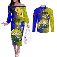 Personalized Papua New Guinea Morobe Province Couples Matching Off The Shoulder Long Sleeve Dress and Long Sleeve Button Shirts Mix Coat Of Arms Polynesian Pattern LT05 Yellow - Polynesian Pride