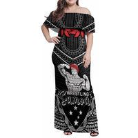 Custom Samoa Wrestling Family Matching Off Shoulder Maxi Dress and Hawaiian Shirt Samoan Wrestler Ulafala Style