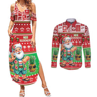 Mele Kalikimaka Hawaii Christmas Couples Matching Summer Maxi Dress and Long Sleeve Button Shirt Funny Santa 67 Gen Alpha Slang - Polynesian Pride