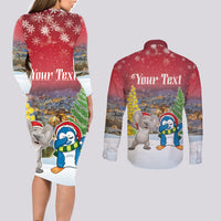 Personalised Christmas In July Couples Matching Long Sleeve Bodycon Dress and Long Sleeve Button Shirt Funny Dabbing Dance Koala And Blue Penguins