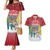 Personalised Christmas In July Couples Matching Mermaid Dress and Hawaiian Shirt Funny Dabbing Dance Koala And Blue Penguins LT05 Red - Polynesian Pride