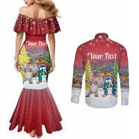 Personalised Christmas In July Couples Matching Mermaid Dress and Long Sleeve Button Shirt Funny Dabbing Dance Koala And Blue Penguins