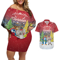 Personalised Christmas In July Couples Matching Off Shoulder Short Dress and Hawaiian Shirt Funny Dabbing Dance Koala And Blue Penguins LT05 Red - Polynesian Pride