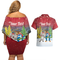 Personalised Christmas In July Couples Matching Off Shoulder Short Dress and Hawaiian Shirt Funny Dabbing Dance Koala And Blue Penguins LT05 - Polynesian Pride