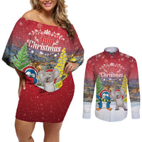 Personalised Christmas In July Couples Matching Off Shoulder Short Dress and Long Sleeve Button Shirt Funny Dabbing Dance Koala And Blue Penguins