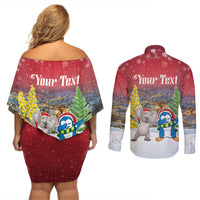 Personalised Christmas In July Couples Matching Off Shoulder Short Dress and Long Sleeve Button Shirt Funny Dabbing Dance Koala And Blue Penguins
