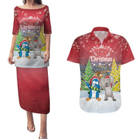 Personalised Christmas In July Couples Matching Puletasi and Hawaiian Shirt Funny Dabbing Dance Koala And Blue Penguins LT05 Red - Polynesian Pride