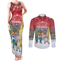 Personalised Christmas In July Couples Matching Tank Maxi Dress and Long Sleeve Button Shirt Funny Dabbing Dance Koala And Blue Penguins