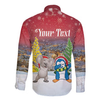 Personalised Christmas In July Long Sleeve Button Shirt Funny Dabbing Dance Koala And Blue Penguins