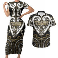 Custom Aotearoa Waikato Tainui Couples Matching Short Sleeve Bodycon Dress and Hawaiian Shirt Maori Tribal Pattern LT05 Dark Yellow - Polynesian Pride