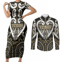 Custom Aotearoa Waikato Tainui Couples Matching Short Sleeve Bodycon Dress and Long Sleeve Button Shirt Maori Tribal Pattern LT05 Dark Yellow - Polynesian Pride