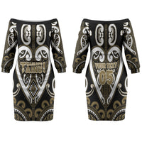 Custom Aotearoa Waikato Tainui Family Matching Off The Shoulder Long Sleeve Dress and Hawaiian Shirt Maori Tribal Pattern LT05 Mom's Dress Dark Yellow - Polynesian Pride