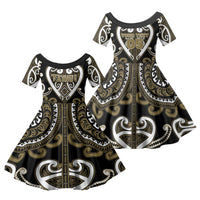 Custom Aotearoa Waikato Tainui Family Matching Off The Shoulder Long Sleeve Dress and Hawaiian Shirt Maori Tribal Pattern LT05 Daughter's Dress Dark Yellow - Polynesian Pride