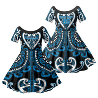 Custom Aotearoa Ngati Kahungunu Family Matching Off The Shoulder Long Sleeve Dress and Hawaiian Shirt Maori Tribal Pattern LT05 Daughter's Dress Blue - Polynesian Pride