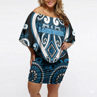 Custom Aotearoa Ngati Kahungunu Off Shoulder Short Dress Maori Tribal Pattern LT05 Women Blue - Polynesian Pride