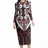 Custom Aotearoa Te Arawa Long Sleeve Bodycon Dress Maori Tribal Pattern LT05 Long Dress Red - Polynesian Pride