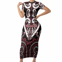 Custom Aotearoa Te Arawa Short Sleeve Bodycon Dress Maori Tribal Pattern LT05 Long Dress Red - Polynesian Pride