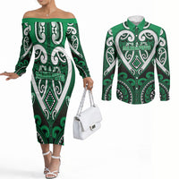 Custom Aotearoa Ngati Maniapoto Couples Matching Off The Shoulder Long Sleeve Dress and Long Sleeve Button Shirt Maori Tribal Pattern