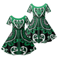 Custom Aotearoa Ngati Maniapoto Family Matching Off The Shoulder Long Sleeve Dress and Hawaiian Shirt Maori Tribal Pattern LT05 Daughter's Dress Green - Polynesian Pride