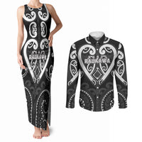 Custom Aotearoa Ngati Raukawa Couples Matching Tank Maxi Dress and Long Sleeve Button Shirt Maori Tribal Pattern