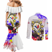 Personalized Filipino American History Month Couples Matching Mermaid Dress and Long Sleeve Button Shirts The Eight-Rayed Sun Flags With Bald Eagle LT05 - Polynesian Pride