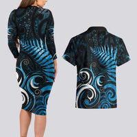 New Zealand Sea Week Couples Matching Long Sleeve Bodycon Dress and Hawaiian Shirt Maori Wave Pattern Ocean Blue