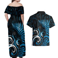 New Zealand Sea Week Couples Matching Off Shoulder Maxi Dress and Hawaiian Shirt Maori Wave Pattern Ocean Blue