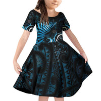 New Zealand Sea Week Family Matching Off Shoulder Short Dress and Hawaiian Shirt Maori Wave Pattern Ocean Blue