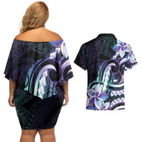Polynesian Art Tattoo Couples Matching Off Shoulder Short Dress and Hawaiian Shirt Plumeria Flowers Turquoise Gradient