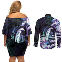 Polynesian Art Tattoo Couples Matching Off Shoulder Short Dress and Long Sleeve Button Shirt Plumeria Flowers Turquoise Gradient