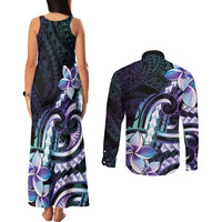 Polynesian Art Tattoo Couples Matching Tank Maxi Dress and Long Sleeve Button Shirt Plumeria Flowers Turquoise Gradient