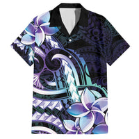 Polynesian Art Tattoo Family Matching Off Shoulder Short Dress and Hawaiian Shirt Plumeria Flowers Turquoise Gradient