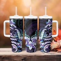 Polynesian Art Tattoo Tumbler With Handle Plumeria Flowers Turquoise Gradient