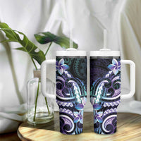 Polynesian Art Tattoo Tumbler With Handle Plumeria Flowers Turquoise Gradient