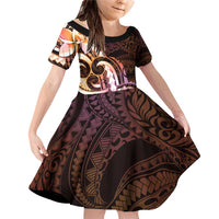 Polynesian Art Tattoo Family Matching Off Shoulder Short Dress and Hawaiian Shirt Plumeria Flowers Peach Gradient LT05 Daughter's Dress Peach - Polynesian Pride