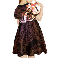 Polynesian Art Tattoo Kid Short Sleeve Dress Plumeria Flowers Peach Gradient