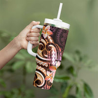 Polynesian Art Tattoo Tumbler With Handle Plumeria Flowers Peach Gradient