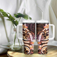 Polynesian Art Tattoo Tumbler With Handle Plumeria Flowers Peach Gradient
